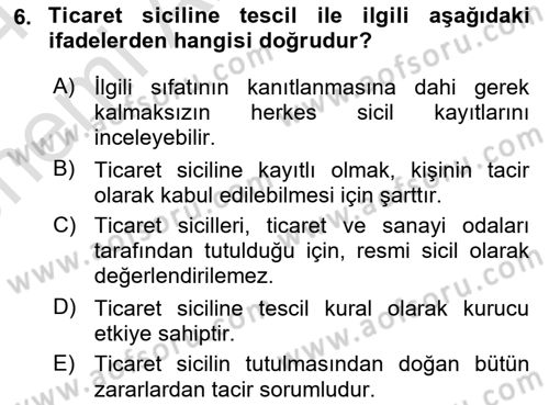 Ticaret Hukuku Dersi 2023 - 2024 Yılı (Vize) Ara Sınav Soruları 6. Soru