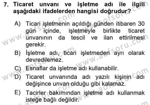 Ticaret Hukuku Dersi 2023 - 2024 Yılı (Vize) Ara Sınav Soruları 7. Soru