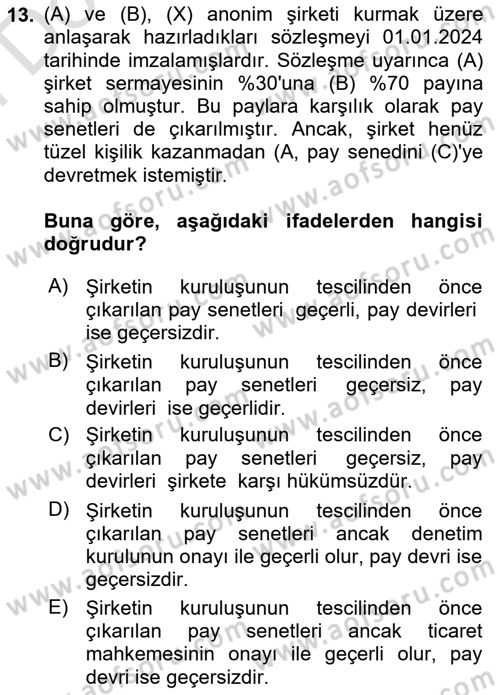 Ticaret Hukuku Dersi 2023 - 2024 Yılı (Final) Dönem Sonu Sınav Soruları 13. Soru
