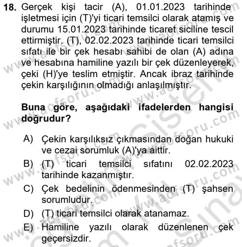 Ticaret Hukuku Dersi 2023 - 2024 Yılı (Final) Dönem Sonu Sınav Soruları 18. Soru