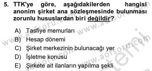 Ticaret Hukuku Dersi 2023 - 2024 Yılı (Final) Dönem Sonu Sınav Soruları 5. Soru