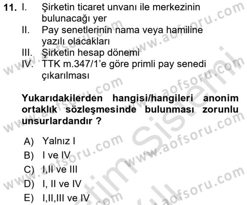 Ticaret Hukuku Dersi 2023 - 2024 Yılı Yaz Okulu Sınav Soruları 11. Soru