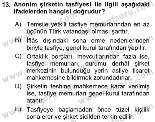 Ticaret Hukuku Dersi 2023 - 2024 Yılı Yaz Okulu Sınav Soruları 13. Soru