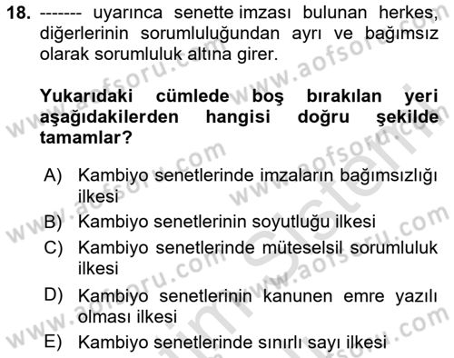 Ticaret Hukuku Dersi 2023 - 2024 Yılı Yaz Okulu Sınav Soruları 18. Soru