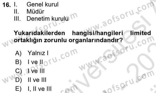 Ticaret Hukuku Dersi 2024 - 2025 Yılı (Vize) Ara Sınav Soruları 16. Soru