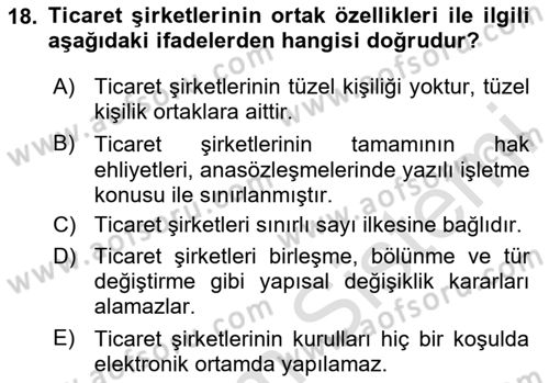 Ticaret Hukuku Dersi 2024 - 2025 Yılı (Vize) Ara Sınav Soruları 18. Soru