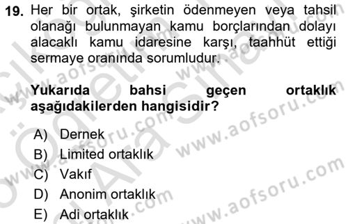 Ticaret Hukuku Dersi 2024 - 2025 Yılı (Vize) Ara Sınav Soruları 19. Soru