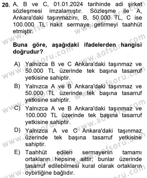 Ticaret Hukuku Dersi 2024 - 2025 Yılı (Vize) Ara Sınav Soruları 20. Soru