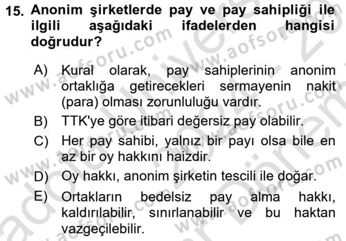 Ticaret Hukuku Dersi 2024 - 2025 Yılı (Final) Dönem Sonu Sınav Soruları 15. Soru