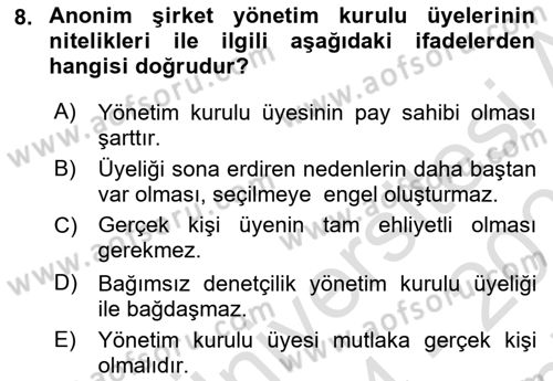 Ticaret Hukuku Dersi 2024 - 2025 Yılı (Final) Dönem Sonu Sınav Soruları 8. Soru