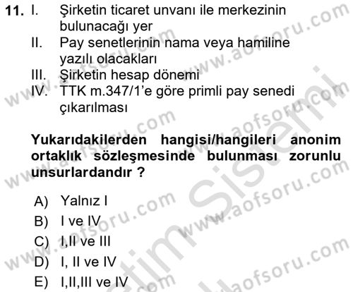 Ticaret Hukuku Dersi 2024 - 2025 Yılı Yaz Okulu Sınav Soruları 11. Soru