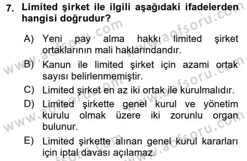 Ticaret Hukuku Dersi 2024 - 2025 Yılı Yaz Okulu Sınav Soruları 7. Soru