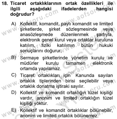 Ticaret Hukuku Dersi 2025 - 2026 Yılı (Vize) Ara Sınav Soruları 18. Soru