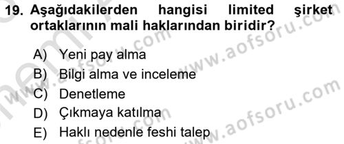Ticaret Hukuku Dersi 2025 - 2026 Yılı (Vize) Ara Sınav Soruları 19. Soru