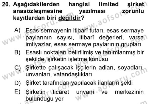 Ticaret Hukuku Dersi 2025 - 2026 Yılı (Vize) Ara Sınav Soruları 20. Soru