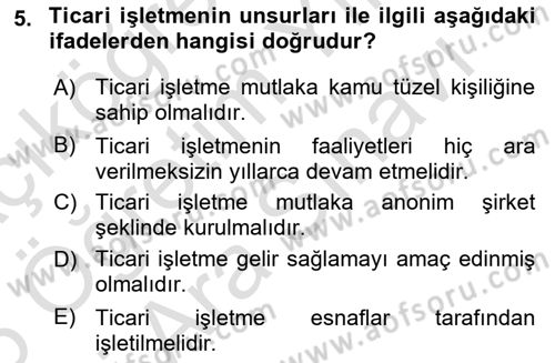 Ticaret Hukuku Dersi 2025 - 2026 Yılı (Vize) Ara Sınav Soruları 5. Soru