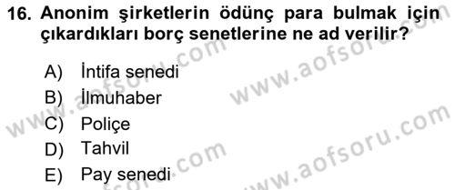 Ticaret Hukuku Dersi 2025 - 2026 Yılı (Final) Dönem Sonu Sınav Soruları 16. Soru