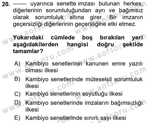 Ticaret Hukuku Dersi 2025 - 2026 Yılı (Final) Dönem Sonu Sınav Soruları 20. Soru