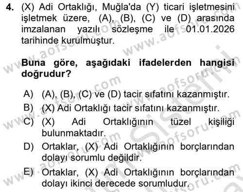 Ticaret Hukuku Dersi 2025 - 2026 Yılı (Final) Dönem Sonu Sınav Soruları 4. Soru