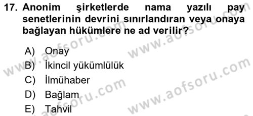 Ticaret Hukuku Dersi 2025 - 2026 Yılı Yaz Okulu Sınav Soruları 17. Soru