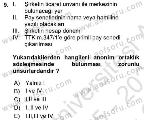 Ticaret Hukuku Dersi 2025 - 2026 Yılı Yaz Okulu Sınav Soruları 9. Soru