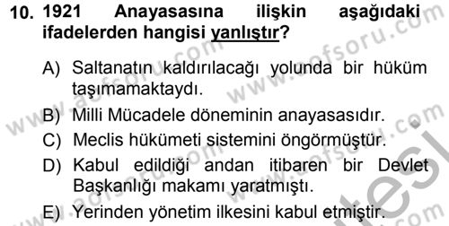 Anayasa Hukuku Dersi Ara Sınavı Deneme Sınav Soruları 10. Soru