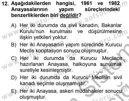 Anayasa Hukuku Dersi Ara Sınavı Deneme Sınav Soruları 12. Soru