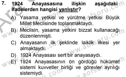 Anayasa Hukuku Dersi Ara Sınavı Deneme Sınav Soruları 7. Soru