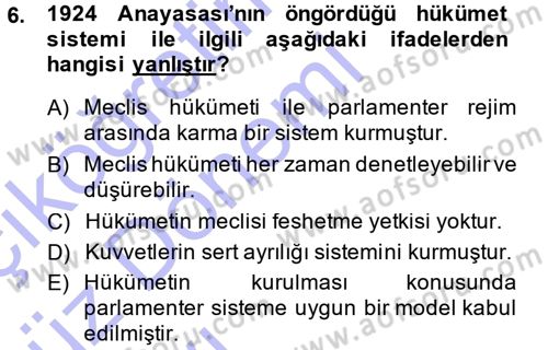 Anayasa Hukuku Dersi Ara Sınavı Deneme Sınav Soruları 6. Soru