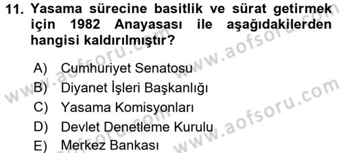 Anayasa Hukuku Dersi Ara Sınavı Deneme Sınav Soruları 11. Soru