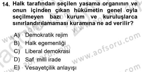 Anayasa Hukuku Dersi Ara Sınavı Deneme Sınav Soruları 14. Soru