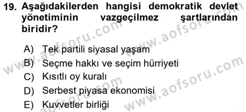 Anayasa Hukuku Dersi Ara Sınavı Deneme Sınav Soruları 19. Soru