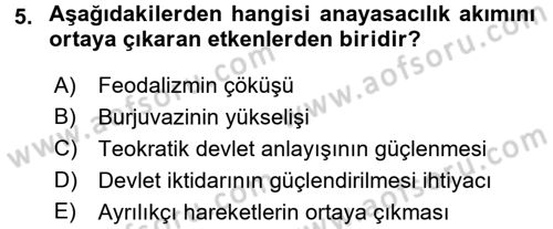 Anayasa Hukuku Dersi Ara Sınavı Deneme Sınav Soruları 5. Soru