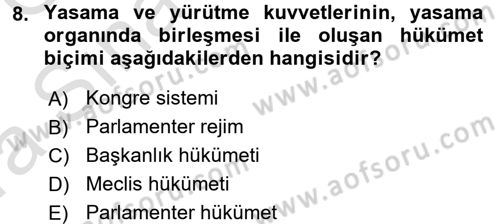 Anayasa Hukuku Dersi Ara Sınavı Deneme Sınav Soruları 8. Soru