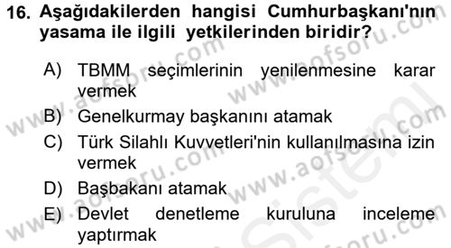 Anayasa Hukuku Dersi 2016 - 2017 Yılı (Final) Dönem Sonu Sınav Soruları 16. Soru