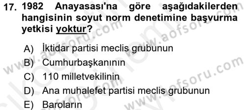 Anayasa Hukuku Dersi 2016 - 2017 Yılı (Final) Dönem Sonu Sınav Soruları 17. Soru
