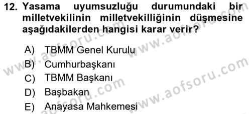 Anayasa Hukuku Dersi 2017 - 2018 Yılı 3 Ders Sınavı 12. Soru