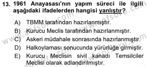 Anayasa Hukuku Dersi 2017 - 2018 Yılı (Vize) Ara Sınav Soruları 13. Soru