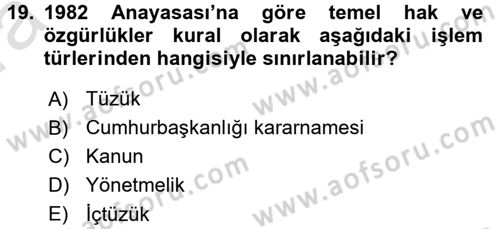 Anayasa Hukuku Dersi Ara Sınavı Deneme Sınav Soruları 19. Soru