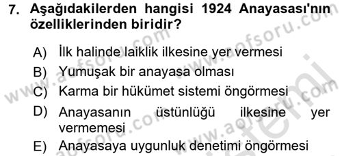 Anayasa Hukuku Dersi Ara Sınavı Deneme Sınav Soruları 7. Soru
