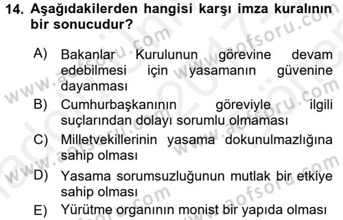 Anayasa Hukuku Dersi 2017 - 2018 Yılı (Final) Dönem Sonu Sınav Soruları 14. Soru
