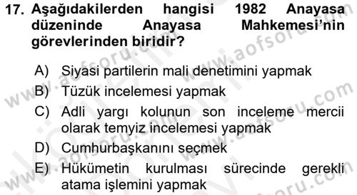 Anayasa Hukuku Dersi 2017 - 2018 Yılı (Final) Dönem Sonu Sınav Soruları 17. Soru