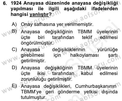 Anayasa Hukuku Dersi 2017 - 2018 Yılı (Final) Dönem Sonu Sınav Soruları 6. Soru
