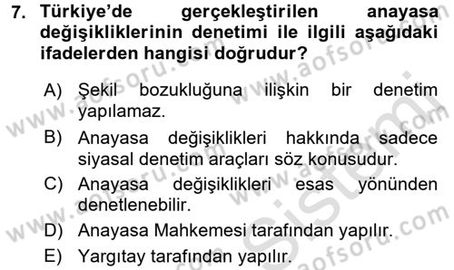 Anayasa Hukuku Dersi 2018 - 2019 Yılı 3 Ders Sınav Soruları 7. Soru