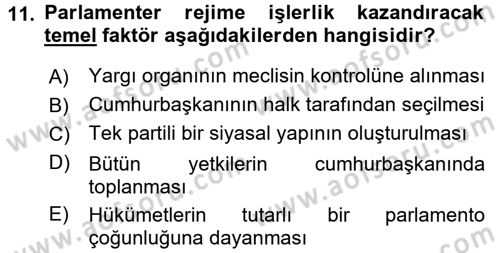Anayasa Hukuku Dersi Ara Sınavı Deneme Sınav Soruları 11. Soru