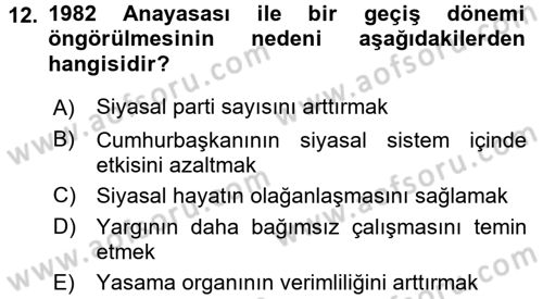 Anayasa Hukuku Dersi Ara Sınavı Deneme Sınav Soruları 12. Soru