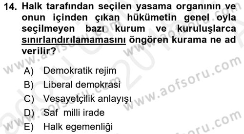 Anayasa Hukuku Dersi 2018 - 2019 Yılı (Vize) Ara Sınav Soruları 14. Soru
