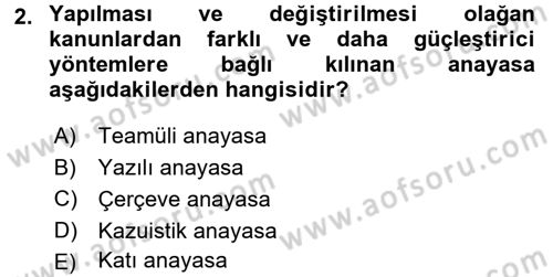 Anayasa Hukuku Dersi Ara Sınavı Deneme Sınav Soruları 2. Soru
