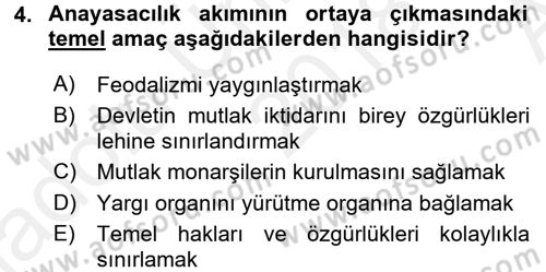 Anayasa Hukuku Dersi Ara Sınavı Deneme Sınav Soruları 4. Soru