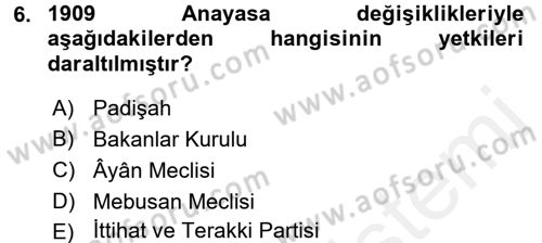 Anayasa Hukuku Dersi Ara Sınavı Deneme Sınav Soruları 6. Soru